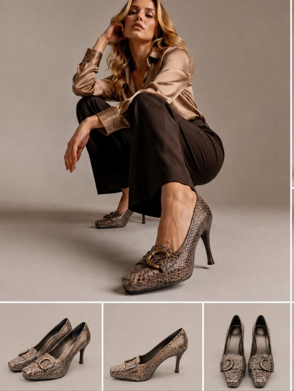 Stuart Weitzman Snake Embossed  Heels Pumps Bronze Brown 8.5M S4115